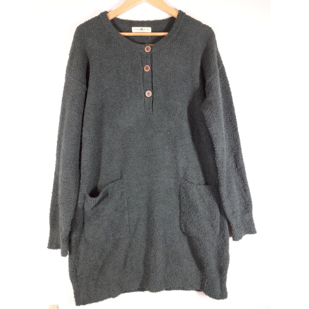 Natural Life Sweater Dress Womens Medium Green Boho Henley Fuzzy Popcorn Knit